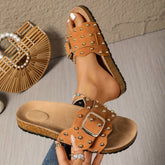 Cognac Rivet Slide Sandals